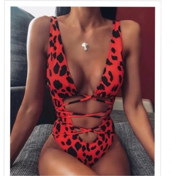 Red Cheetah One-Piece Cutout Swimwsuit - Picture 4 of 4